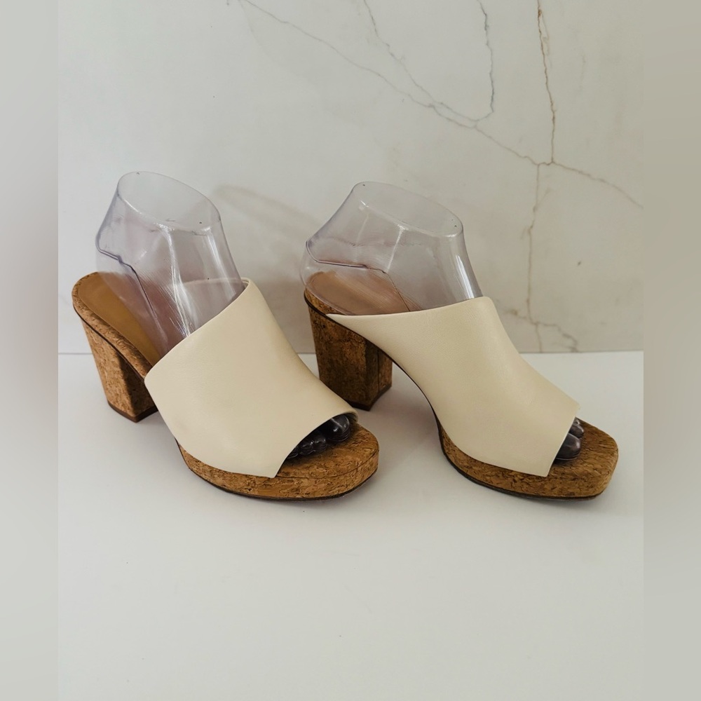 Vince Wyatt-E Flax Leather Mule Sandal Shoes Womens Size 7 Cork Heel Open Toe